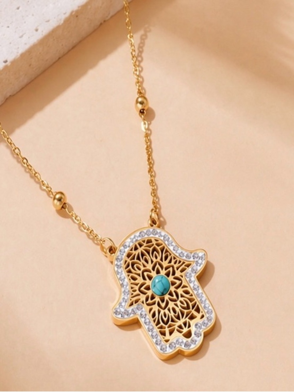 🆕Gold Hamsa Hand Pendant Necklace with Turquoise Accent